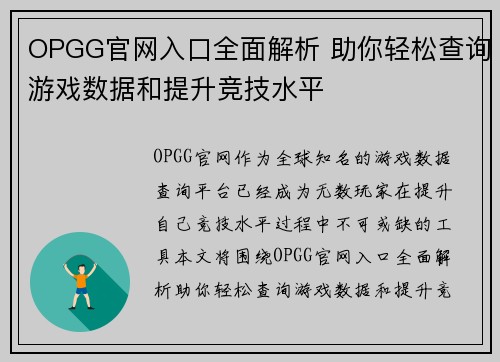 OPGG官网入口全面解析 助你轻松查询游戏数据和提升竞技水平